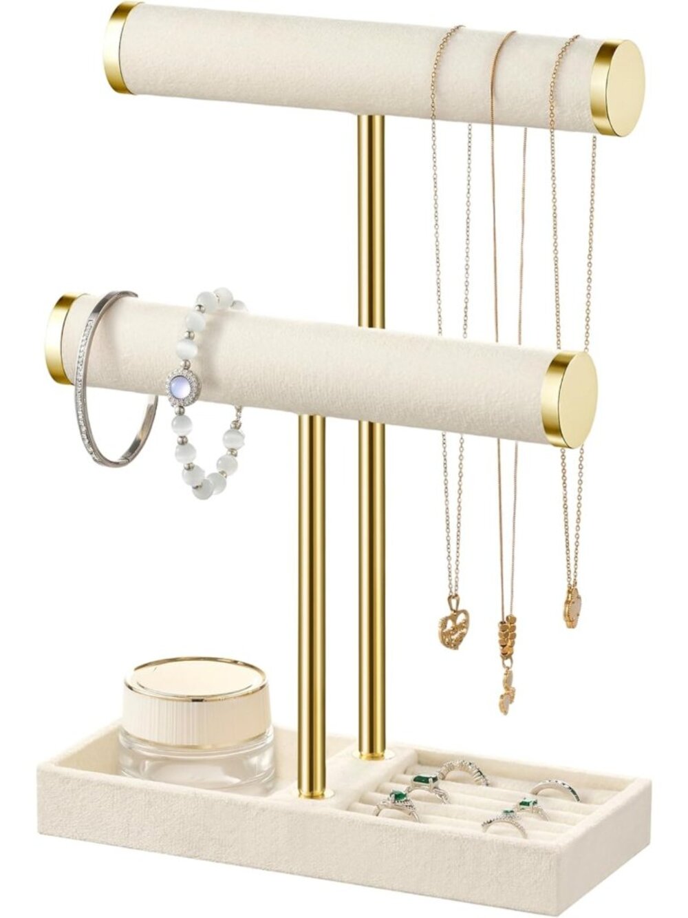 Elegant 2-Tier Jewelry Organizer for Bracelets & Necklaces - Beige Display Stand
